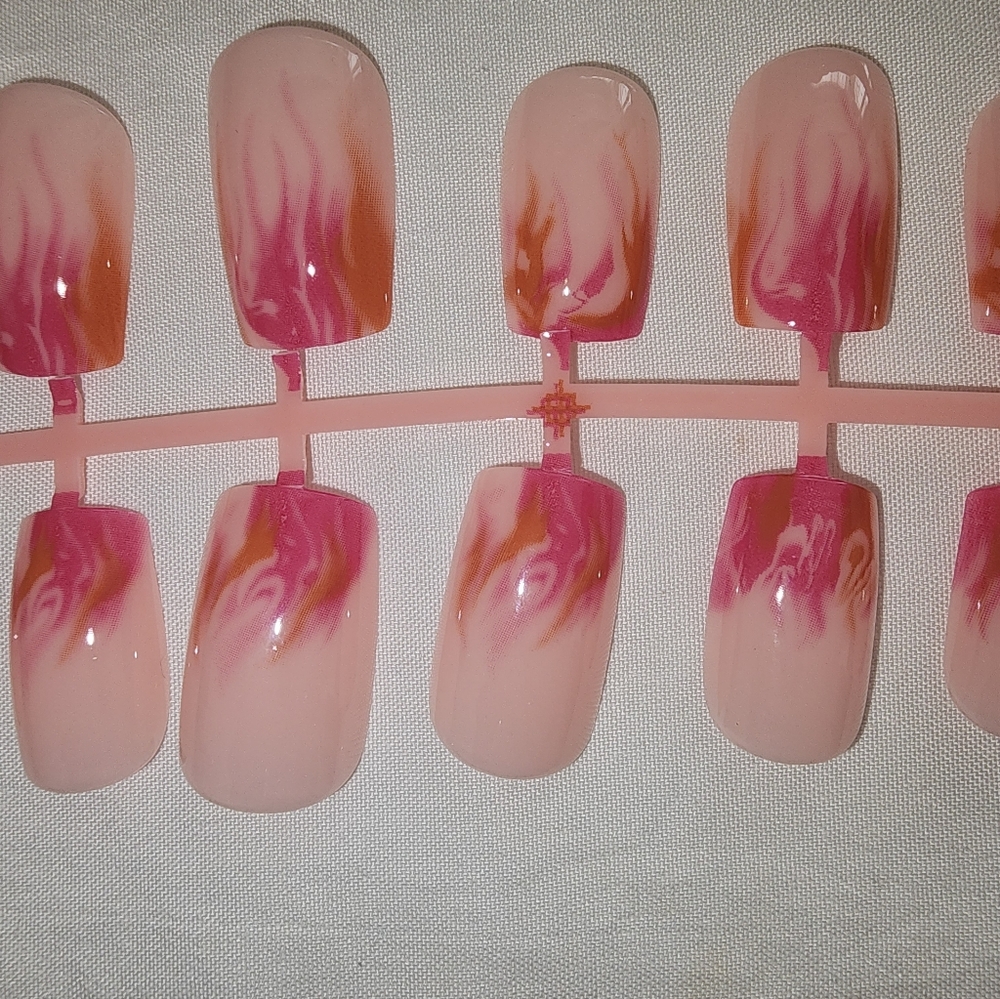 2 For $18 New Pink & Peach Flames Press-On Nails w/ Free Decals